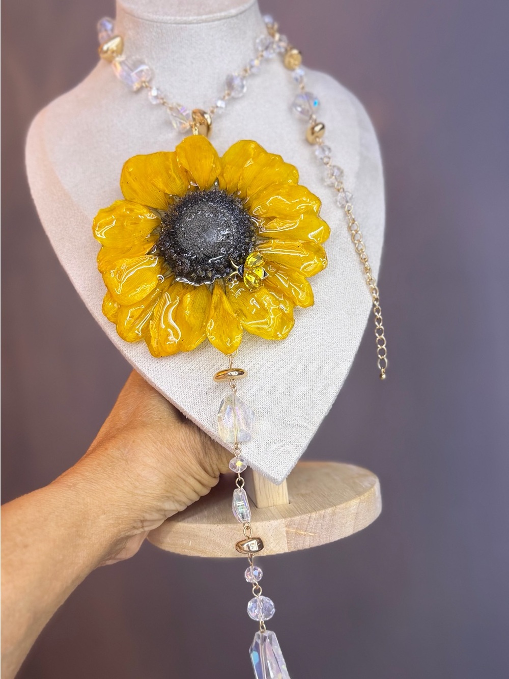 Yellow Sunflower Pendant Necklace with Crystal Accents